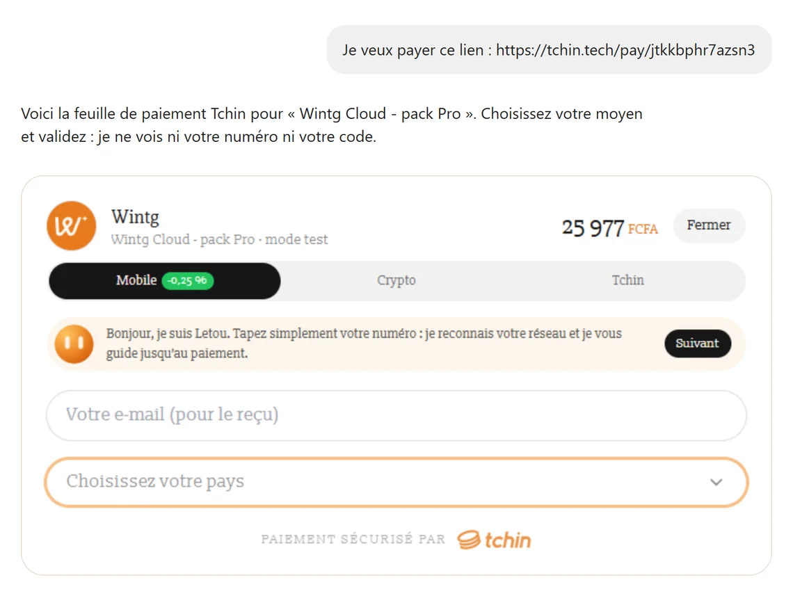 Dans la conversation : la feuille de paiement Tchin du lien « Wintg Cloud - pack Pro ».